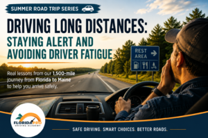 Driver staying alert during a long-distance road trip from Florida to Maine.