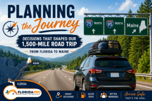 Planning the Journey graphic showing safe driving decisions during a 1,500-mile road trip from Florida to Maine.